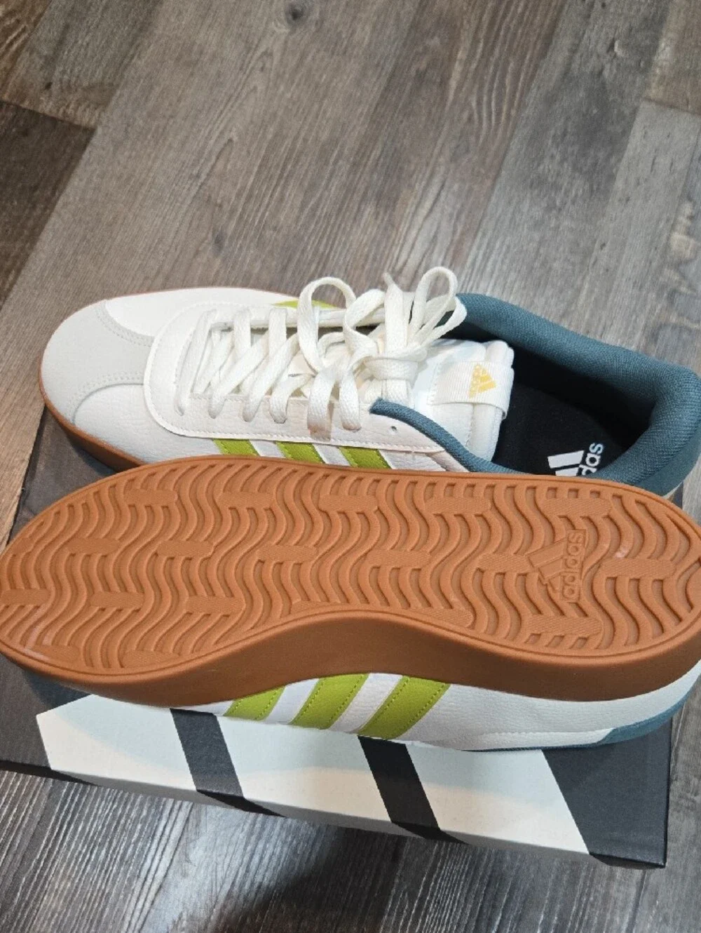 adidas White Sneakers with Lime Green Stripes and Teal Collar
